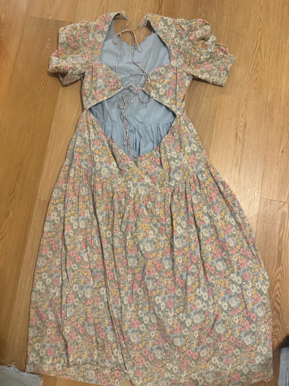 En Saison Floral Tie-Back Midi Dress in Pastel Blue, Pink & Yellow